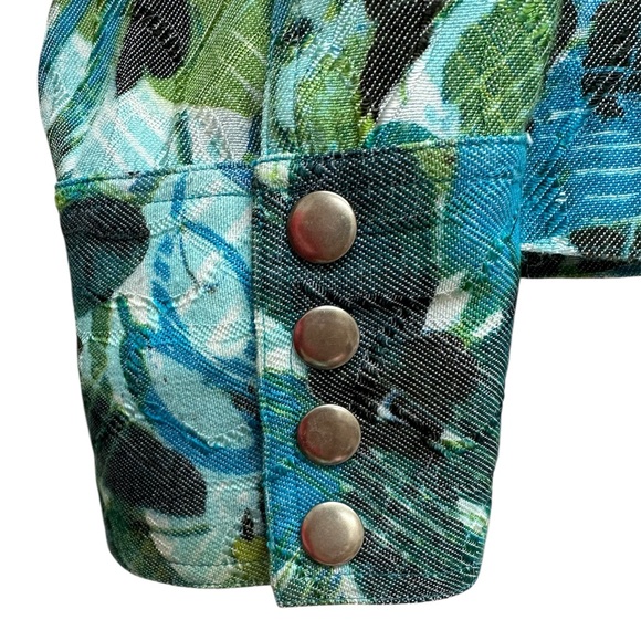 Women's Chico's Snap Front Jean Jacket Tropical Print Size 3 XL Blues & Greens - Picture 3 of 8
